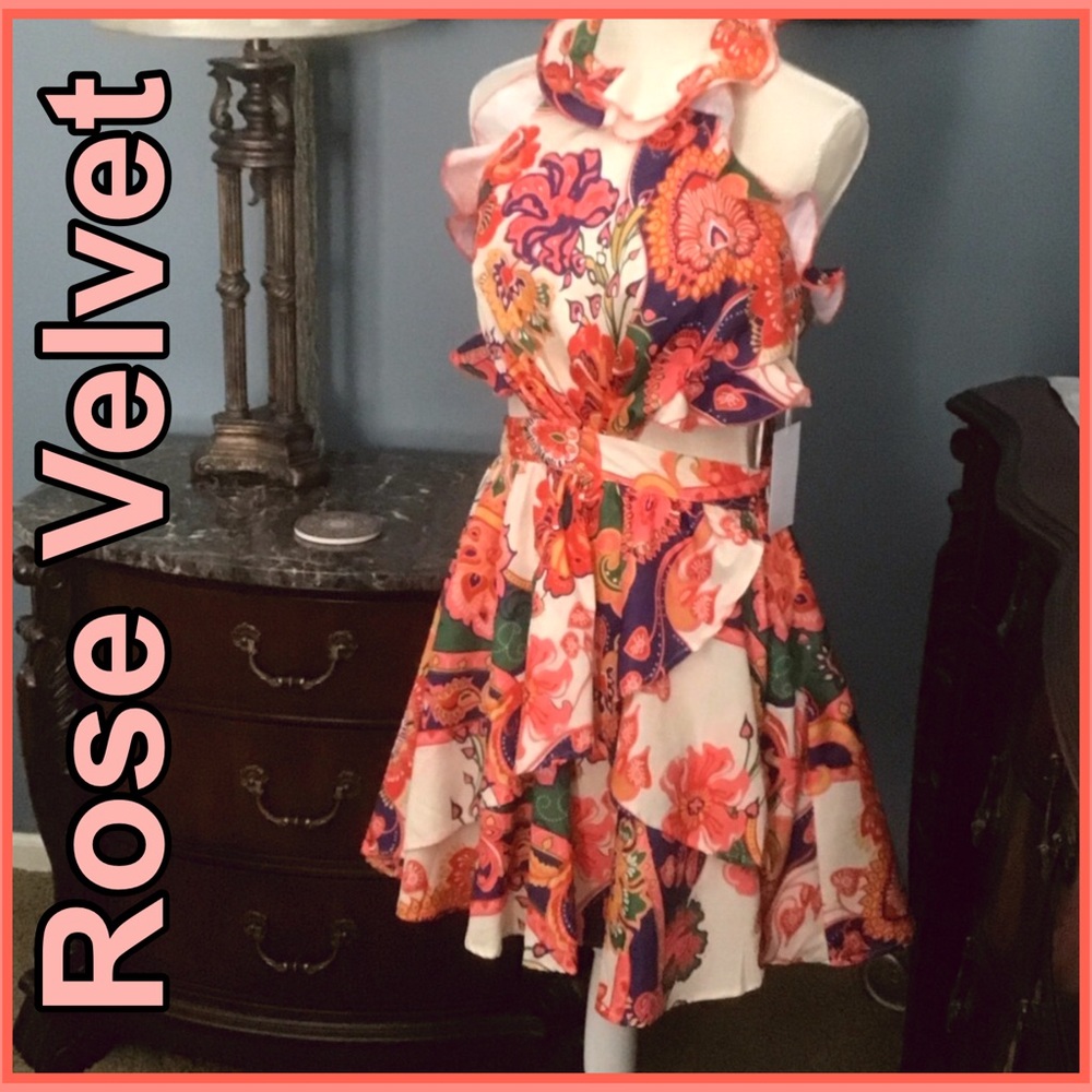 Rose Velvet Floral Ruffle Halter Backless Dress Sz M